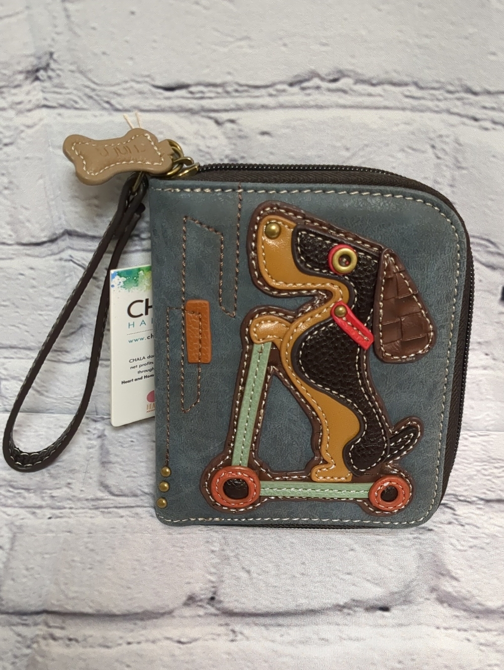 Chala Blue Wristlet Wallet with Multicolor Dog Scooter Applique